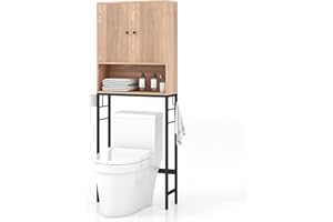 COSTWAY Over Toilet Storage Unit, Freestanding Bathroom Space Saver with 2 Doors, Open/Adjustable Shelves and 2 Side Hooks, Metal Frame Wooden Above The Toilet Cabinet Laundry Organizer Rack (Natural)