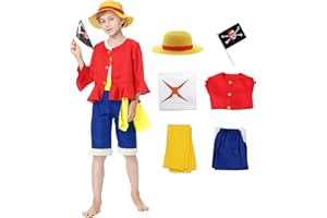 Churgigi Deguisement One Piece Luffy Enfant Costume Luffy Déguisement Luffy Enfant Deguisement Luffy Carnaval Noël Cosplay avec Chapeau de Paille Luffy T-shirt