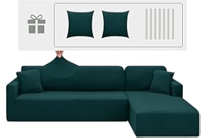 CHELZEN Housse de Canapé Elastique Peninsula en Forme de L, 2 Pièces Housses de Canapé d'angle, Housse de Canapé pour Chaise Longue avec Deux Taies d'oreiller (3 Place+3 Place, Vert Noirâtre)