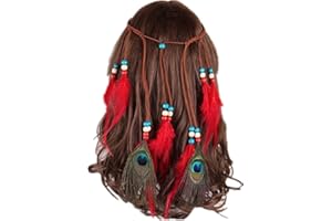 Zhiheng Indian Headdress with 2pcs Peacock Feathers 8pcs Ostrich Feathers Hippie Headband Boho Headwear Carnival Head Pieces Hair Accessories for Party Favors (Red)