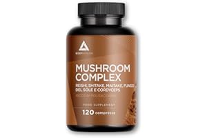 Mushroom Complex 120compresse- Reishi shitake e maitake+ Cordyceps sinensis+ Fungo del sole| Mix Funghi adattogeni- Stress memoria e concentrazione- Complesso Super Funghi Polisaccaridi– Bodyathlon