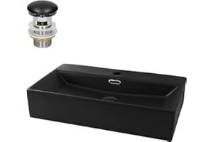 ML-Design Waschbecken aus Keramik in Schwarz matt 600x365x130mm inkl. Ablaufgarnitur, Eckige Aufsatzwaschbecken mit Überlauf, Moderne Waschtisch Waschschale Waschplatz Handwaschbecken, für Badezimmer