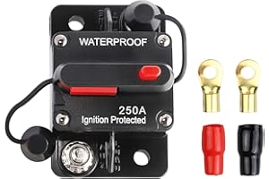 FrogBro 250A Car Circuit Breaker with Manual Reset 12V-24V DC Waterproof Car Audio Inline Circuit Breaker Fuse Holder Inverter for Motor Car Marine Boat Solar power with 2x4awg ring terminals attached