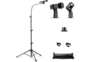 Bietrun Pied de Microphone Métal, Hauteur Réglable en 60-170cm avec Col de Cygne 360°, Sac de Transport et 2 Clips de Microphone, Compatible avec Micros Sans Fil pour Concerts/Mariages/Enregistrement