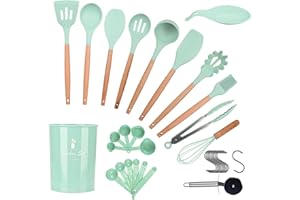 ONATISMAGIN Lot de 35 ustensiles de cuisine en silicone antiadhésif, coend une spatule, une cuillère fendue, une cuillère, une roue à pizza, un crochet et plus encore (vert clair)