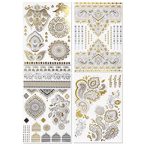 BMC 4 Sheet Set Bling Metallic Gold Silver India Inspired Temporary Body Tattoos