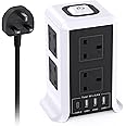 Tower Extension Lead with USB C Slots, 8 Way Multi Plug Extension Tower (13A 3250W)，Surge Protected with Switch, 2M Extension Cable, Plug Socket Extension Cord for Home, Office
