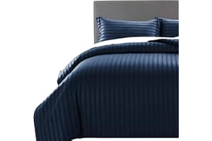 MOONLIGHT20015 Double Duvet Set Reversible Stripes Satin Double Bedding Set with 2 Pillowcases Soft Hypoallergenic Duvet Cover (Navy 200x200 CM)