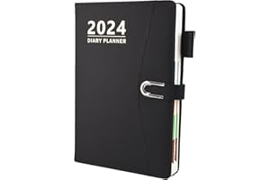 HOYUNLL Diary 2024 A5 Page a Day, 2024 Diary from Jan 2024 to Dec 2024, Productivity A5 Daily Planner with Monthly Tabs, Pen Loop and Inner Pocket, 21×14.5cm，400 Page (Black)