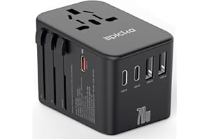 EPICKA GaN Adapter Podróżny, 70W PD Adapter Podróżny do Szybkiego Ladowania, Uniwersalna Adapter z 3 USB-C, 2 USB-A, Międzynarodowy Adapter do Gniazda do DE USA, UK, Japonii, Tajlandii