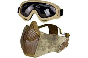 YZPACC Maschera Airsoft con occhiali, pieghevole mezza faccia Airsoft Mesh Mask con protezione per le orecchie per Paintball Shooting Cosplay CS Game