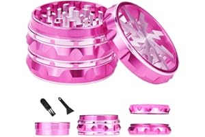 FVLAVEA 2.5" 4 Pieces Clear Top Herb Grinder - Aluminium Spice Grinder with Pollen Scraper and Cleaning Brush - Pink Body with Silver Lightning on Top