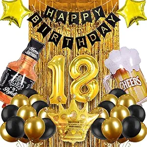 Party Propz 18th Birthday Decorations For Girls and Boys - 33 Items Combo Set Golden & Black - 18th birthday decorations / Birthday Balloons for 18th/ Happy Birthday Decoration Set For Girls / Happy Birthday Decoration Set For Boys / 18 Years