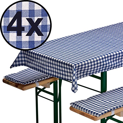 4x Bierbankauflagen-Set 3-teilig in blau: 1 Tischdecke 130 x 70 cm + 2 gepolsterte Bierbankauflagen 110 x 25 cm