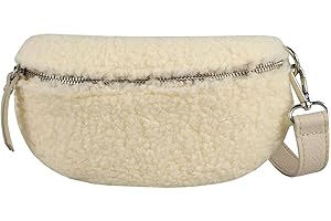 ITALYSHOP24 Made in Italy Damen Leder Gürteltasche Crossbody Teddyfell Bauchtasche Hüfttasche Kunstfell Umhängetasche Brusttasche Crossover Bodybag Schultertasche Handytasche Teddy Pelz Fell Plüsch Beige