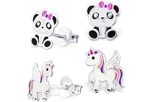 GOLDENE HUFEISEN Set de 2 paires de boucles d'oreilles Pégase licorne et panda GH - En argent 925 - Pour filles