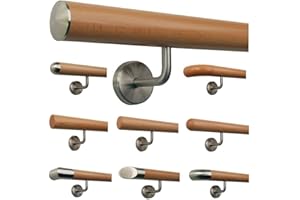 TIBU Bukowa poręcz schodów, poręcz 30 - 500 cm, wykonana z jednego kawałka, z uchwytem, podpórką i obrobionymi końcami / długość 200 cm, z 3 uchwytami i końcówką:lekko wypukła nasadka ze stali nierdzewnej