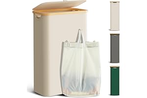 YOUDENOVA Kosz na pranie z pokrywką, 48 l, wąski, z workiem na pranie, składany, drewno bambusowe, skrzynia na pranie, kolor beżowy