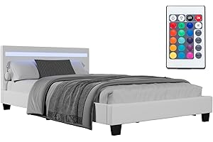 ‎JUSKYS Juskys Polsterbett Paris 120x200 cm mit LED-Beleuchtung, Lattenrost & Kopfteil, Bett mit Gestell aus Holz & Kunstleder Bezug, weiß
