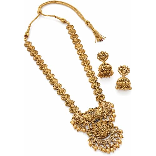 Diksha Collection South Indian Traditional Antique Matte Gold Finish Goddess Lakshmi & Peacock Motif Long Necklace Set with Jhumka Earrings for Women | Ethnic Temple Jewellery for Weddings, Brides & Festivals