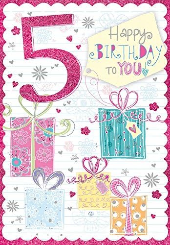 Age 5 Girl Birthday Card - Pink Number, Presents, Flowers &amp; Hearts 7.5" x 5.25"