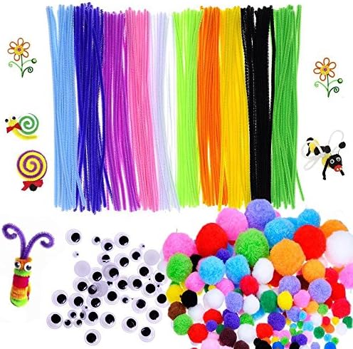 Aideal 450 Pieces DIY Pompoms Craft Making Kit for Kids, Assorted Colors Pipes Cleaners with Self-sticking Wiggle Googly Eyes, Creative Art supplies for Children's Gift