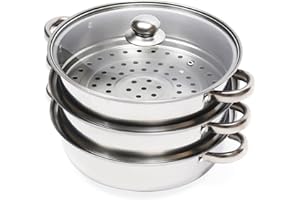 CHERIPOLI 3/5 Etagen Dampfkocher Dampfkochtopf stapelbar Dampfgarer, Edelstahl Dampftopf Steamer Set Silber, für Gemüse Fisch Suppe Knödel (3-stufiger28cm)