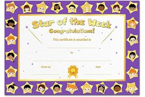 FELICITAS Star of The Week Certificate for Kids - Congratulation Award - Pack of 25 Blank Fill-in - School Children - Nursery Primary Infant Junior - Teachers Students - A5 Size - Eco-Friendly - Made in UK