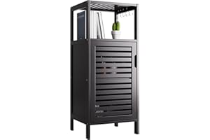 HITNET Bathroom Floor Storage Cabinet, 4-Tier Bamboo Freestanding Kitchen Cupboard, Side Table Organizer with Single Shutter Door and 4 Removable Hooks, Black