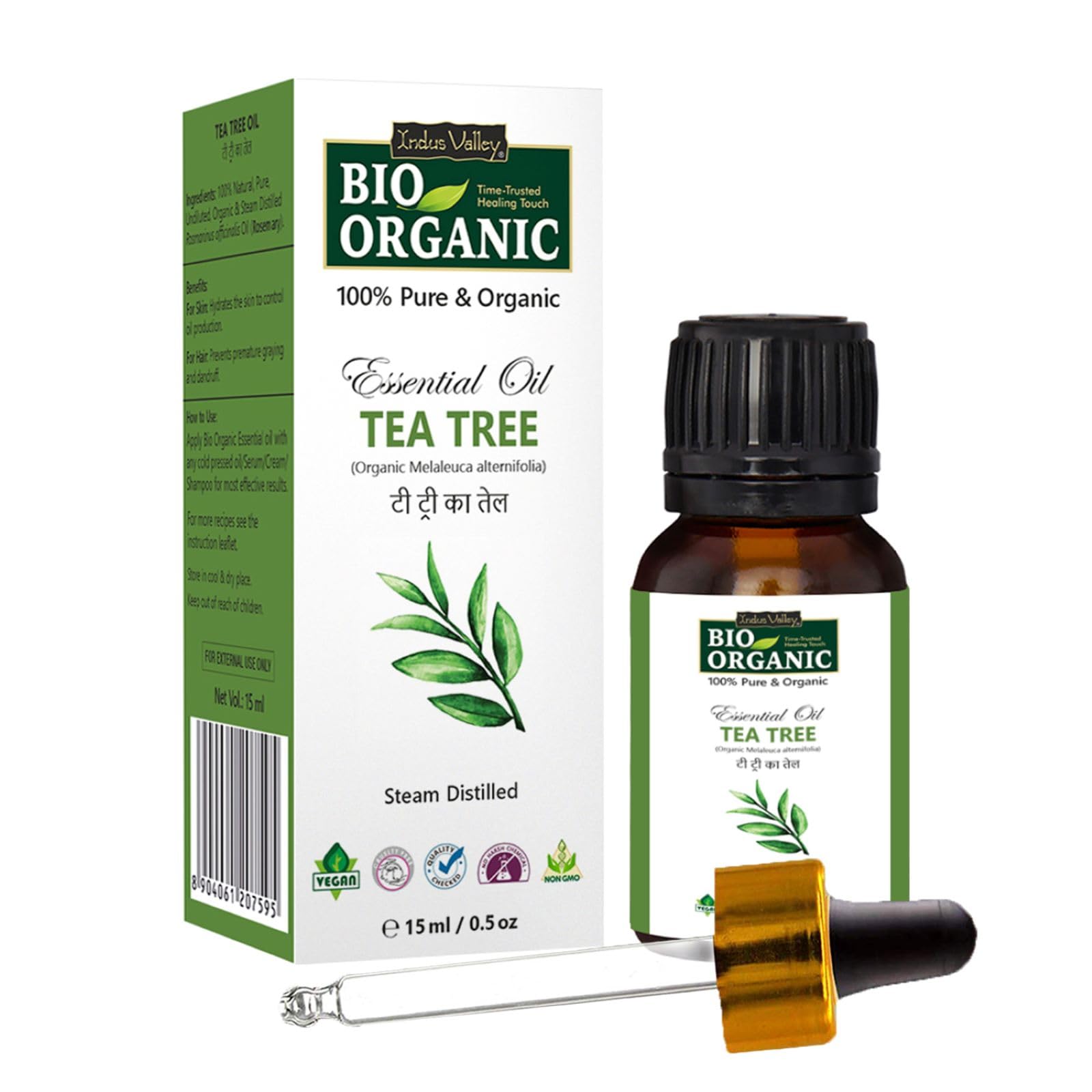 Indus Valley 100% Pure Natural & Organic, Undiluted Tea Tree Essential Oil with Therapeutic Grade & Glass Dropper for Skin, H