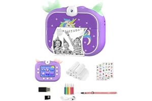Robofun Appareil Photo Enfant Instantané, 2.4" 1080P HD Appareil Photo Instantané Numérique avec 5 Rouleaux de Papier à Imprimer, 48MP/180° Double Objectif, Cadeau pour Filles Garçons 3-12 Ans(Violet)