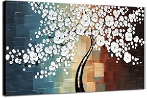 Wieco Art - Blooming life Large Modern Stretched and Framed 100% Hand-painted White Flowers Artwork Floral Oil Paintings on Canvas Wall Art Ready to Hand for Living Room Bedroom Home Decorations