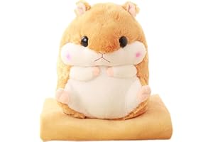 YunNasi Cuddly Plush Stuffed Hamster Pillow with Comfortable Blanket of 100cm x 170cm, Light Brown