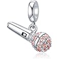 I Love Music Microphone Voice Charms 925 Sterling Silver Champagne Crystal Pendants fit Pandora Bracelet Necklace