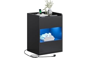 ‎AOGLLATI AOGLLATI Nachttisch mit LED-Beleuchtung und Ladestation, Nachtschrank mit 2 Schubladen und 1 Fach Beistelltisch mit Steckdosen Sofatisch für Schlafzimmer, Wohnzimmer 40x35x60cm (1, Schwarz)