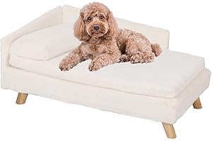 BingoPaw Elevated Dog Sofa Bed: L Shaped Raised Dog Lounger Couch with Durable Wooden Legs - Nordic Plush Fur Pet Chair Bed with Soft Removable Cushion Mat and Pillow L(80x50cm)