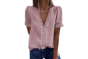 Coloody Femme Tee Shirt Dentelle Col en V, Manches Courtes Loisirs D'été Tunique en Jacquard en Dentelle Blouse Amples Caraco en Dentelle Tops Chemisiers à La Mode