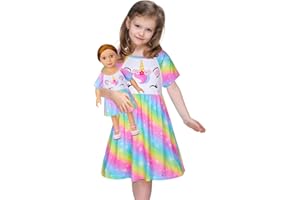 Beinou Nachthemd Mädchen Schlafanzug Kurzarm Kleider Puppe und Mädchen Passendes Nachthemden Einhorn Nachtwäsche