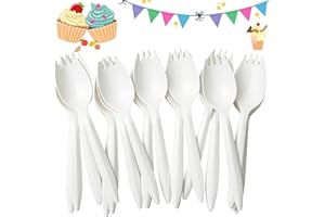 Crethink Set di 50 Cucchiai Forchetta, Cucchiai Forchetta Bianchi da 6 Pollici/14 cm, Forchetta e Cucchiai 2 in 1 Uso Comodo per Gelato, Torte, Formaggio, Piatto di Frutta, Mini Parfait