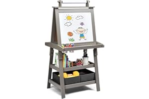 LIFEZEAL Lavagna per bambini 3 in 1, cavalletto per bambini con lavagna a due lati, lavagna con 2 ripiani, lavagna bianca, lavagna a gesso e rotolo di carta, lavagna con 2 scatole, magnetica (grigio)