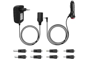 HOEMBPN Transformadores de Corriente AC 100V-240V a Adaptador Mechero Coche Enchufe DC 12V/3A，1m 36W Cable Alimentación Encendedor de Cigarrillos Mechero DC 5.5x2.1mm con LED Interruptor y 8 Adaptadores DC