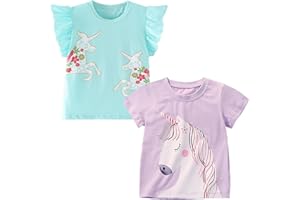 Codkkre Fille T-Shirts à Manches Courtes Lot de 2 Tops en Coton Col Rond Imprimé Licorne Vêtements Été pour Enfants 3-8 Ans