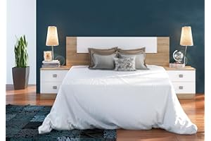 MEYVASER.COM ECOMMERCE COMPANY Meyvaser, Conjunto Pack Cabecero y 2 Mesitas de Noche, Incluye Herrajes para Colgar, Color Cambrian y Blanco, Dormitorio Doble de Matrimonio o Juvenil, Medidas:160x45x1,6 cm (LargoxAltoxProfundo)