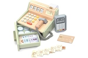 UMU® Cassa per bambini in legno - scanner, terminale di pagamento, denaro, negozi di masticazione e accessori per gioco di ruolo, da 3 a 6 anni
