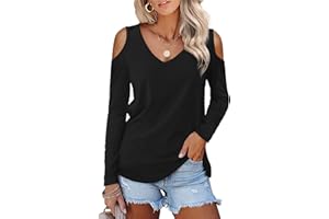Beluring Women's Casual Cold Shoulder Shirt V Neck Long Sleeve Blouse Tops