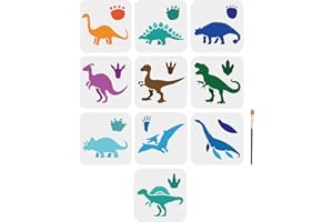 MAYJOYDIY Dinosaur Stencil Set, 10 Pieces, 15 x 15 cm Drawing Templates with Paint Brush, Animal and Footprint Designs Painting Stencils for Wall Card Rock Home Decor