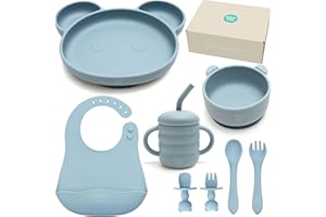 Baby Weaning Set by Little Tots® | Silicone Suction Plate, Suction Bowl, Bib, Sippy Cup + Straw, Toddler Spoon + Fork, Weaning Fork + Spoon | 8 Piece Feeding Set for Baby Led Weaning (Sky Blue)