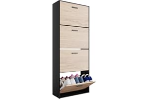 CASABEL Meuble de Rangement a Chaussure 24 Paires - Armoire Etagere Grande Capacité pour Entree, Couloir - L60xP24xH150 cm - Portes Bois Clair Cadre Noir