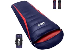 QEZER Saco de Dormir Plumón 220 cm x 80 cm 8 ~ -3 ℃ Saco de Dormir 4 Estaciones Ultraligero Adultos y Niños,Sleeping Bag para Camping y Senderismo
