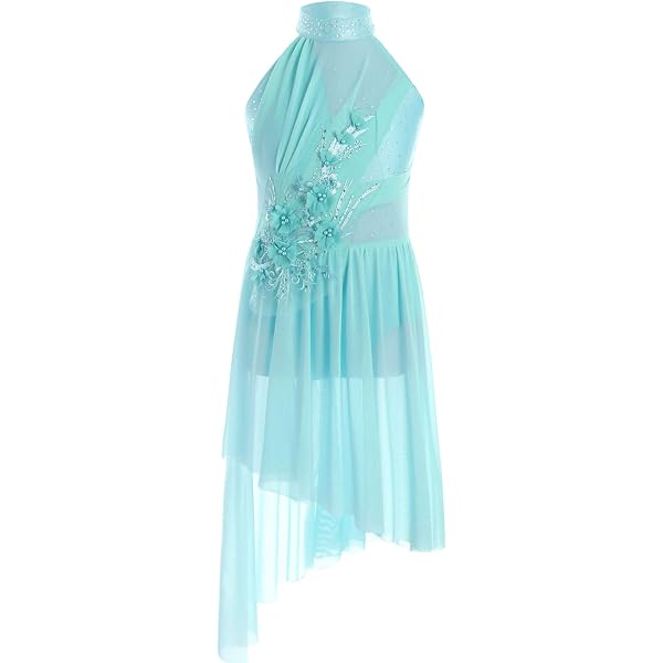Robe De Danse Ballet Fille TiaoBug - Tutu Asymétrique Strass Paillettes Sans Manches - Justaucorps Patinage Artistique 5-16 Ans